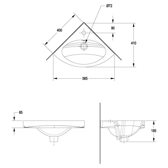 CORNER Wall Hung Wash Basin  - WHITE