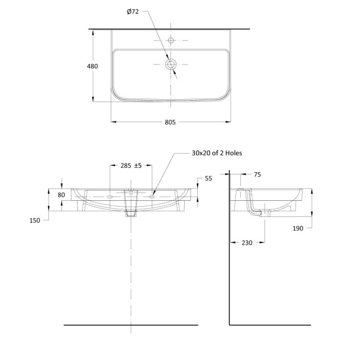 TYPE-B Over Counter Top Wash Basin - 80cms - OFF WHITE